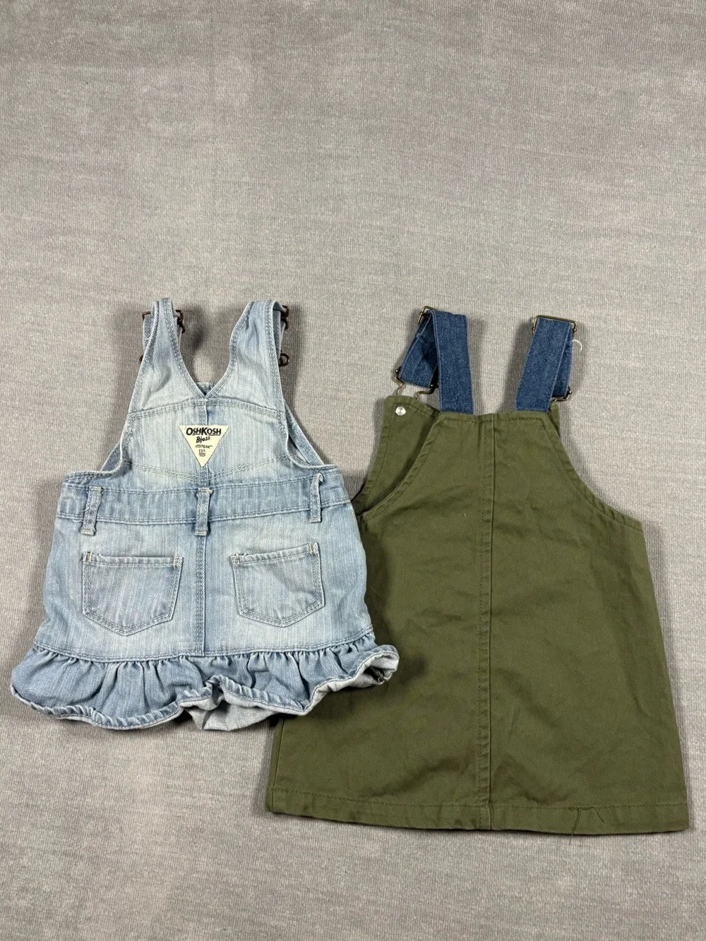 OshKosh B'gosh Two-Piece Girls Overalls Set - Light Blue Denim & Olive Green